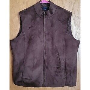Lands' End Brown XL 18 Sherpa Vest Zip Front  Pockets Solid Faux Suede